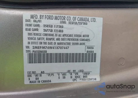 2001 Mercury Grand Marquis Gs z USA, uszkodzony, nr VIN 2MEFM74W41X707447